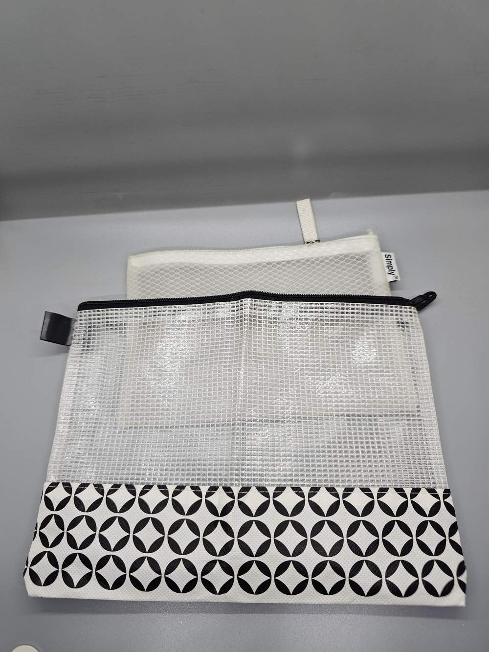White Mesh Cosmetic Pouch with Black Geometric Trim
